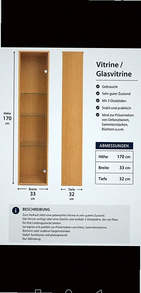 Vitrine / GlasvitrineGebrauchte in sehr gutem Zustand zu verkaufen.