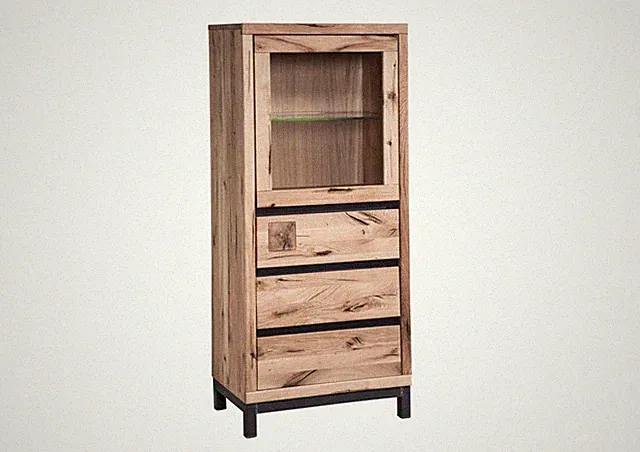 Vitrine Glatstüre Glaseinlegeboden Wildeiche massiv geölt Wuchsrisse Highboard