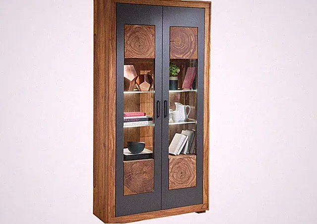 Vitrine groß modern Vitrinenschrank schwarz Holz massiv Schrank Sheesham 103x201