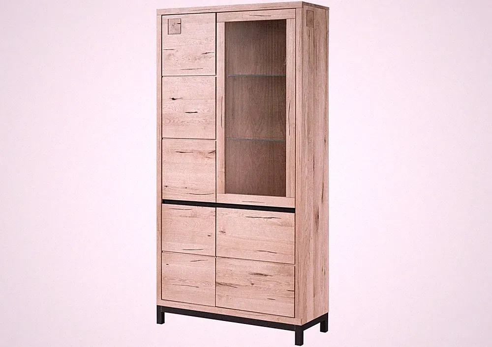 Vitrine groß Wohnzimmerschrank 10 Fächer Massivholz Wildeiche geölt Wuchsrisse