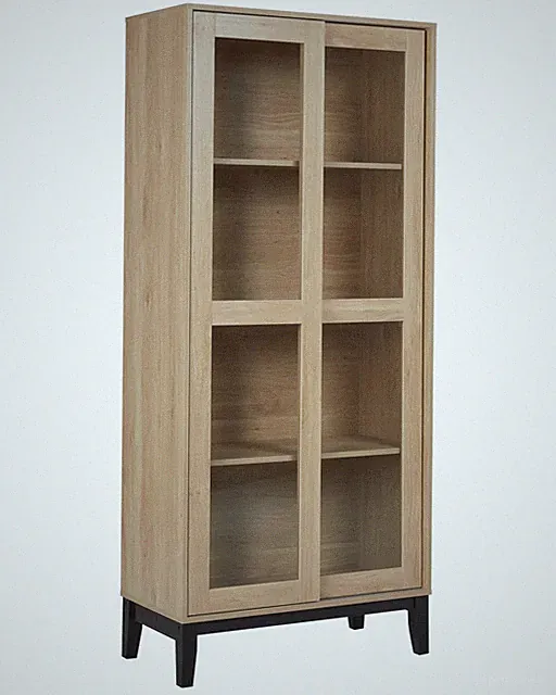 Vitrine heller Holzfarbton 183 cm 4 Fächer 2 Glasschiebetüren Rumson