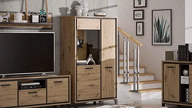 Vitrine Highboard Schrank Trondheim in Artisan Eiche und Schwarzeiche 102 cm