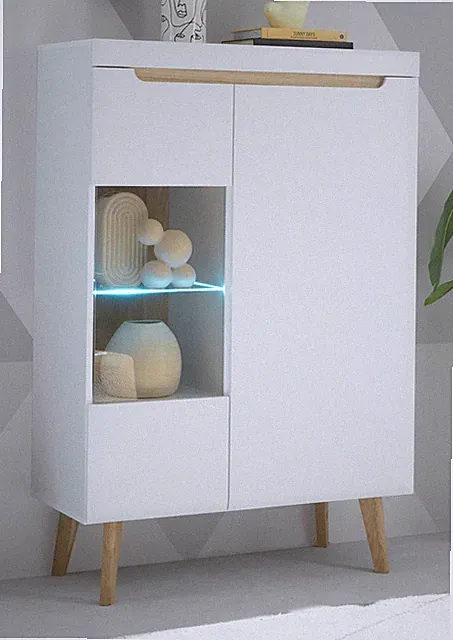 Vitrine Highboard weiß matt Eiche Kommode skandinavisch mit Soft-Close Isgard
