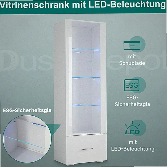 Vitrine Hochschrank Vitrinenschrank mit LED Wohnzimmer Weiß Hochglanz Glas 172cm