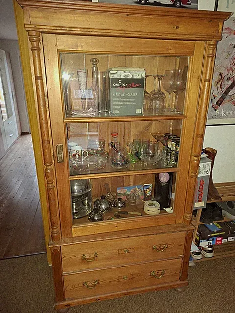Vitrine Holz/Glas braun 90x180x40cm 1 Glastür 2 Schubladen freistehend