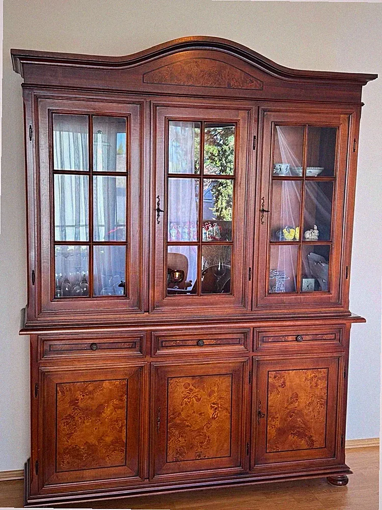 Vitrine Holz/Glas Braun Barock/Rokoko 160x160x215 cm 7 Türen 3 Schubl.