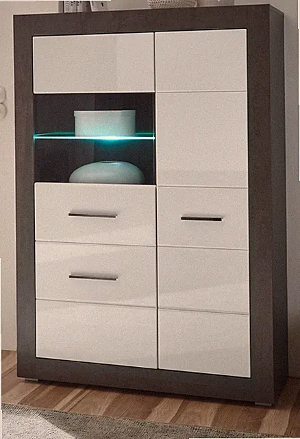 Vitrine in weiß Hochglanz und grau Stone Wohn- Esszimmer Vitrinenschrank Briard