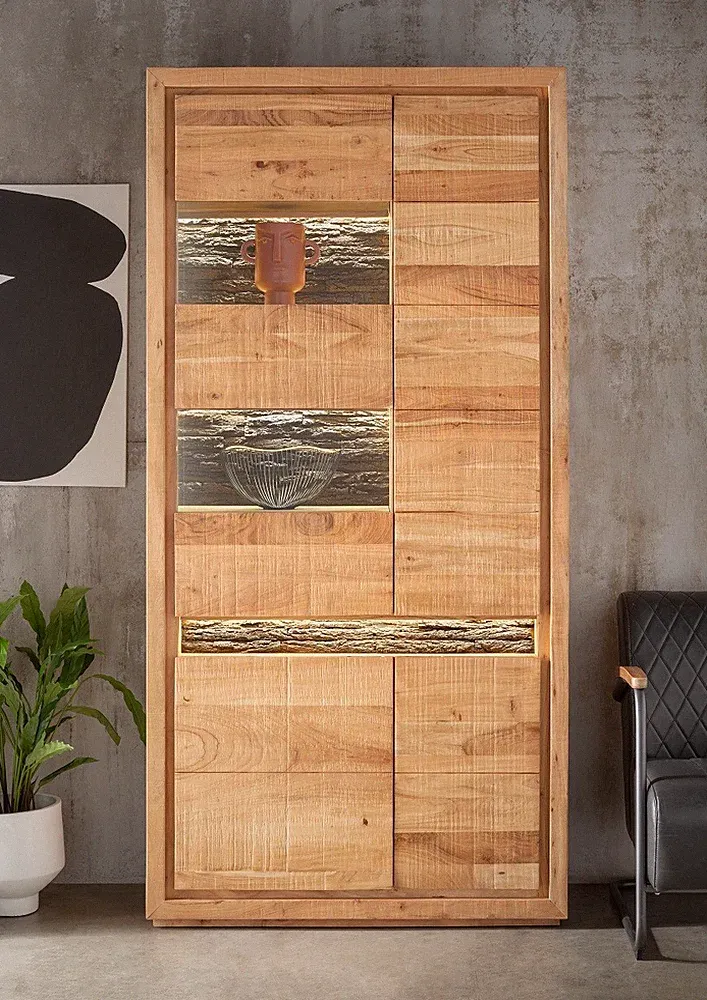 Vitrine inkl. Beleuchtung 103x207cm Massivholz Akazie massiv NEU OVP!!!