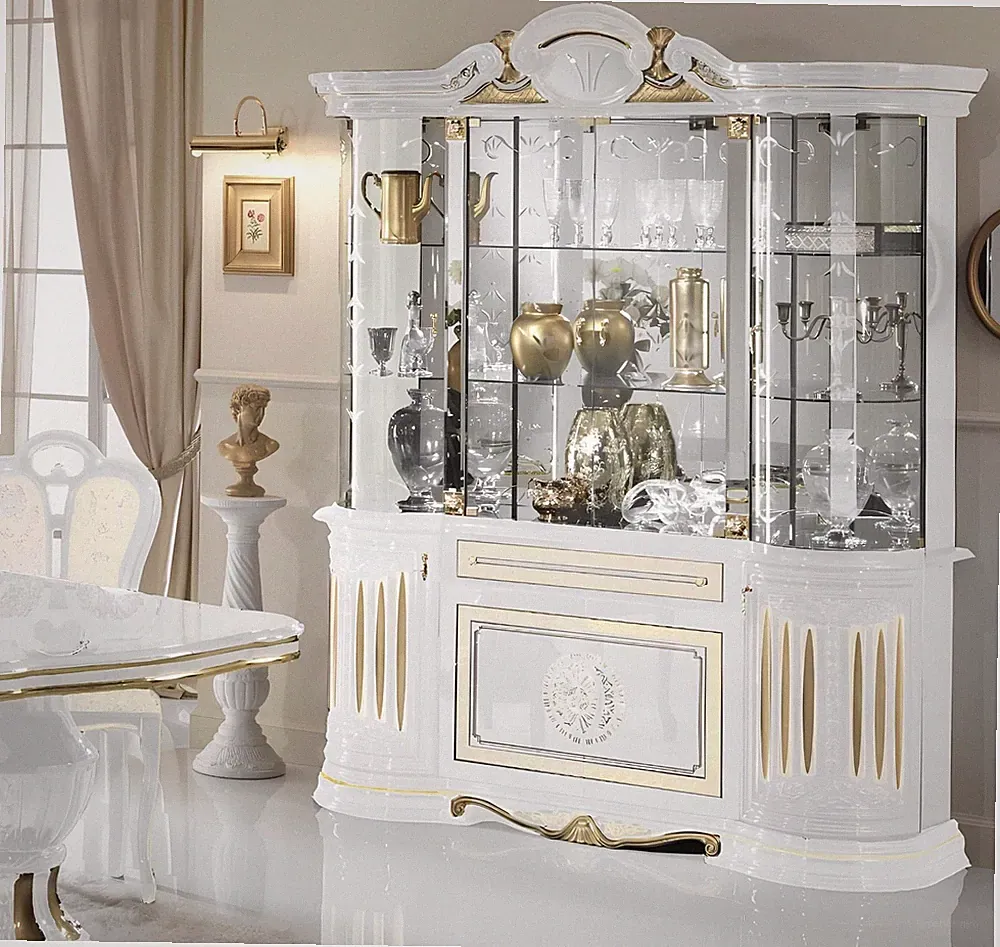 Vitrine Italienische Möbel Wohnzimmer Schrank Weiß Gold Glasvitrine Schränke Neu