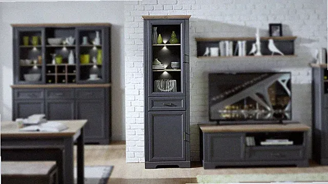 Vitrine Jasmin Standvitrine Wohnzimmer in graphit Artisan Eiche inkl. LED 66x204