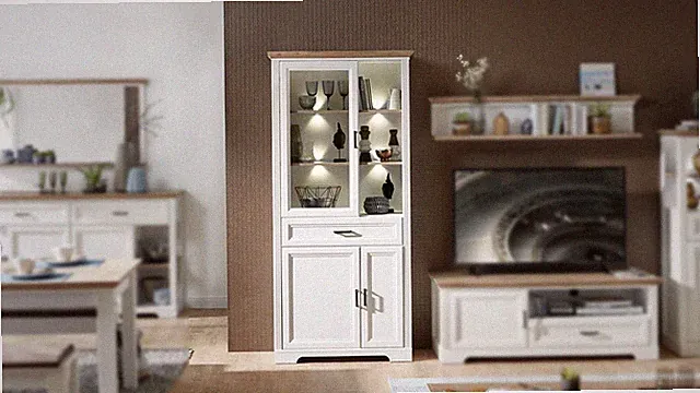 Vitrine Jasmin Standvitrine Wohnzimmer Pinie hell Artisan Eiche mit LED 93x204
