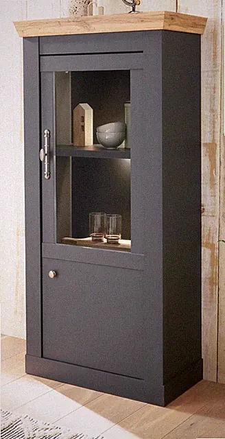 Vitrine Kommode in Eiche grau Landhaus Vitrinenschrank Schrank Soft-Close Ribera