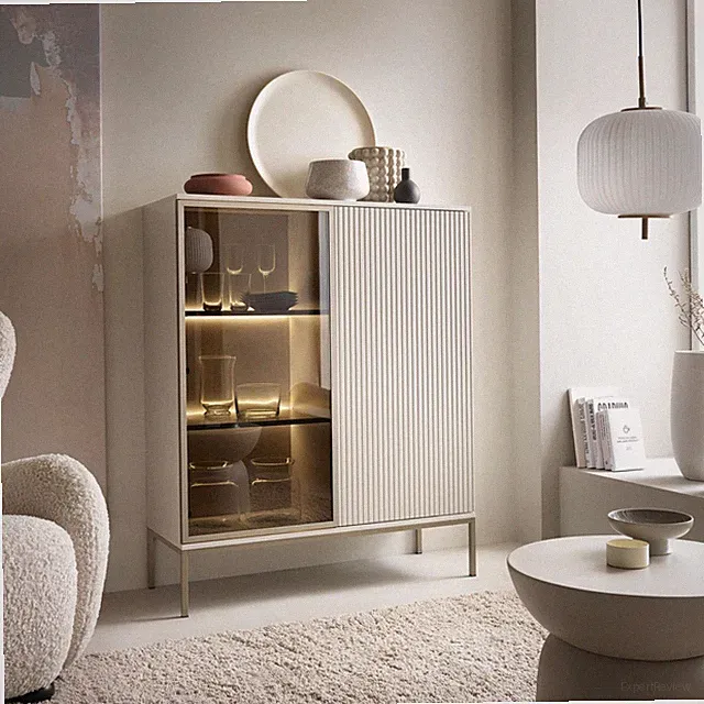 Vitrine Lagos Highboard 2 Türen LED Glasfront Rillenfront Metallfüße Modern