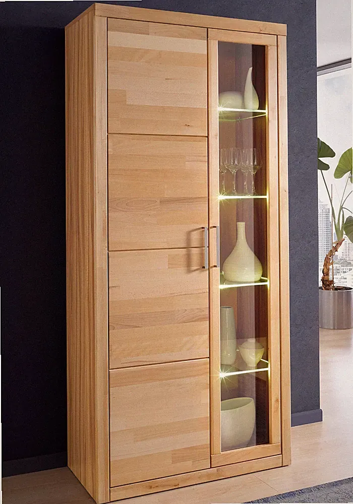 Vitrine Logo Regal Hochschrank Kernbuche teilmassiv H.190cm Glastür HOME AFFAIRE