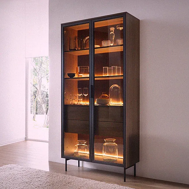 Vitrine LUMI A mit LED Glasfront Metallfüße Vitrinenschrank 92x195x39 cm
