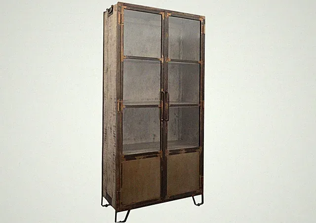 Vitrine Mango Glastüren Wohnzimmerschrank massiv Eisen Highboard hoch Regal