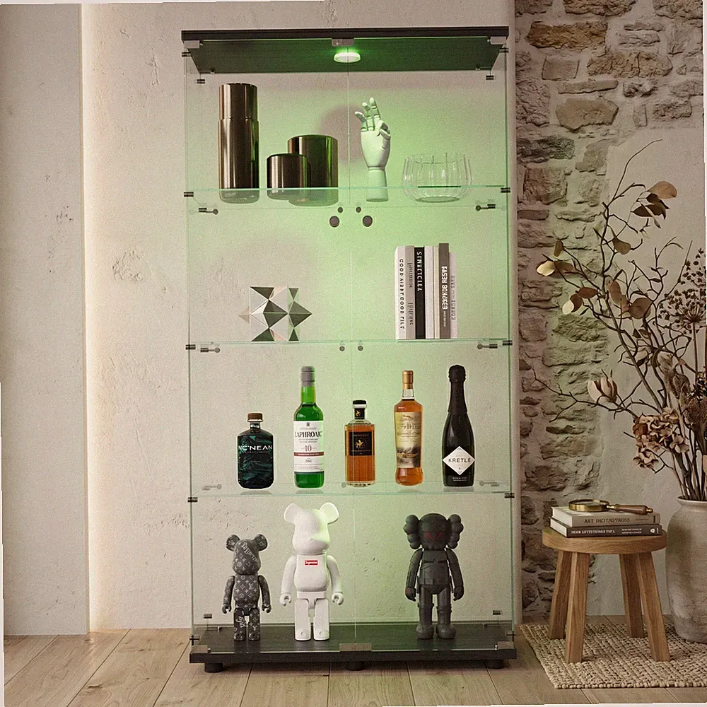 Vitrine mit Glastür LED Glasvitrine doppeltürig 4 Ebenen Vitrinenschrank Schloss