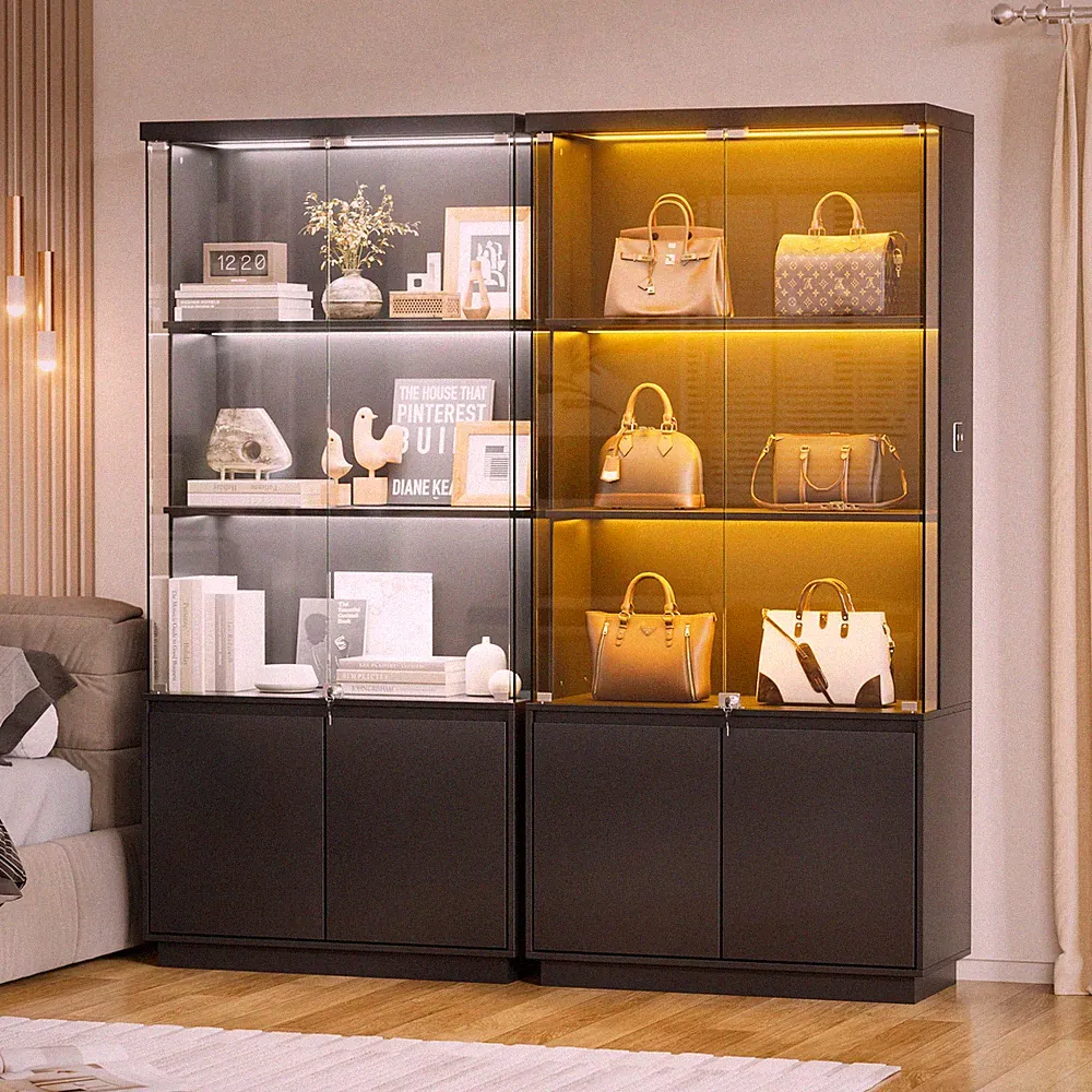 Vitrine mit LED Beleuchtung und Glastüren für Sammlerstücke,4-Lagen Glasvitrine