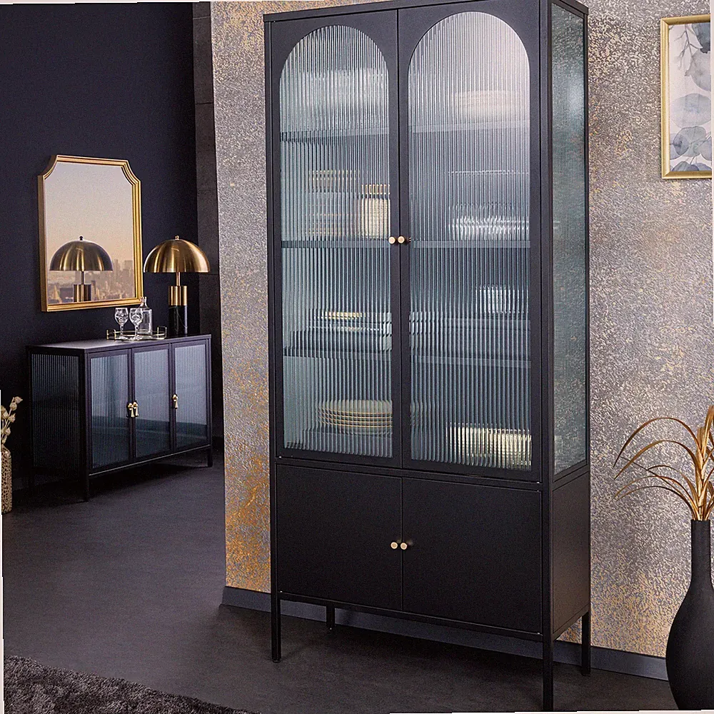 Vitrine PARIS - 180cm - schwarz gold - Riffelglas Metall - Highboard Schrank
