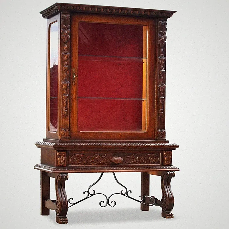 Vitrine provinziell Antikstil Kasten Schrank geschnitzt rot Möbel für Gläser