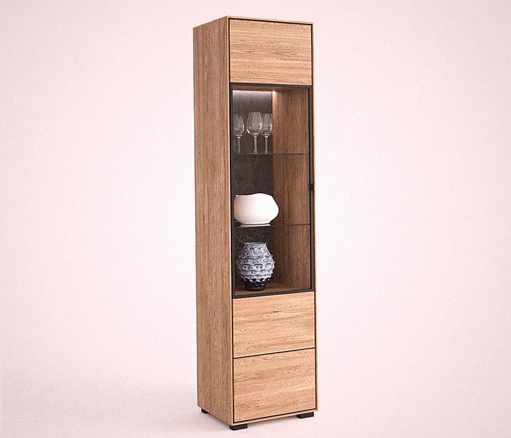 Vitrine Rosa Eiche Teilmassiv furniert Höhe 202cm Regal Elfo Schrank Beleuchtung