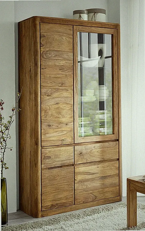 Vitrine Schrank 109x202cm Massivholz Sheesham massiv Holz gebeizt NEU OVP!!!!