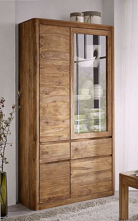 Vitrine Schrank 109x202cm Massivholz Sheesham massiv Holz gebeizt NEU OVP!!!!