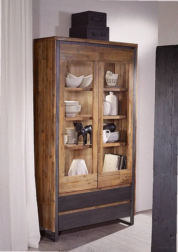 Vitrine Schrank 110x204cm Akazie gebürstet Metall natur massiv NEU OVP!!!!