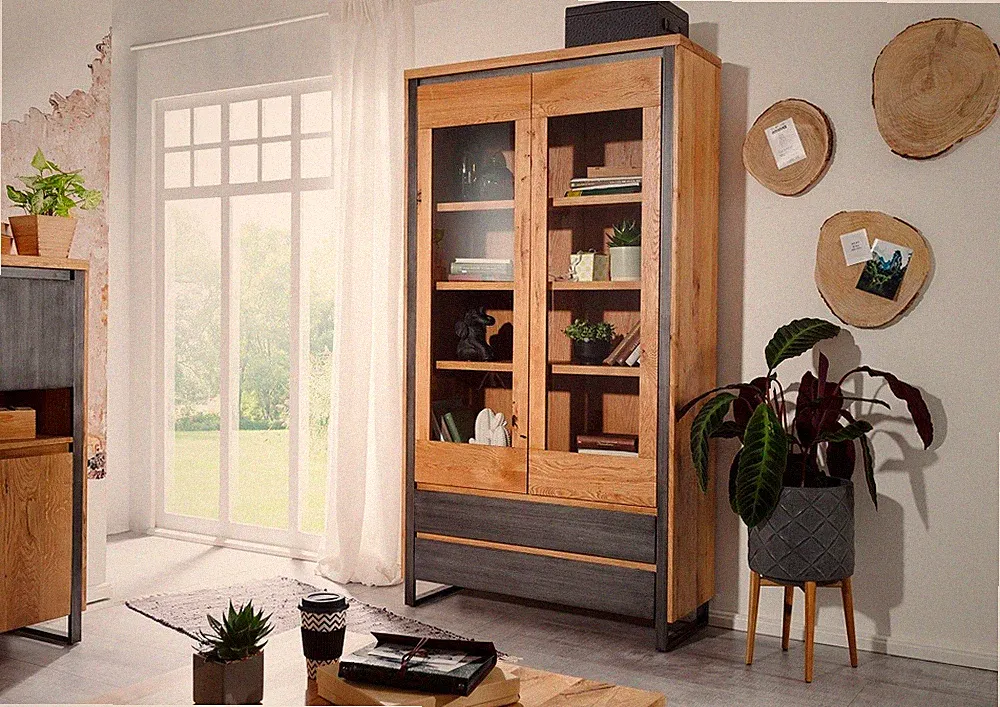 Vitrine Schrank 110x204cm Eiche massiv geölt & Metall gebürstet NEU OVP!!!