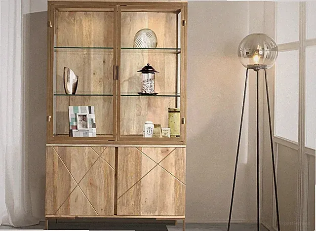 Vitrine Schrank 118x197cm Massivholz Mango natur & goldfarbig NEU OVP!!!