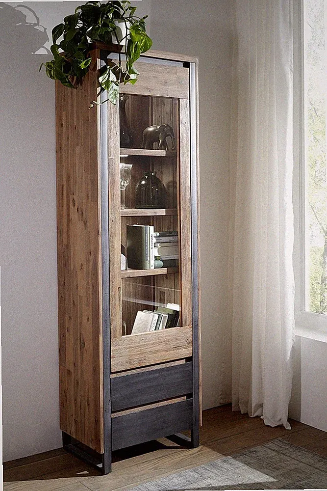 Vitrine Schrank 62x204cm Akazie gebürstet Holz Metall natur massiv NEU OVP!!!!