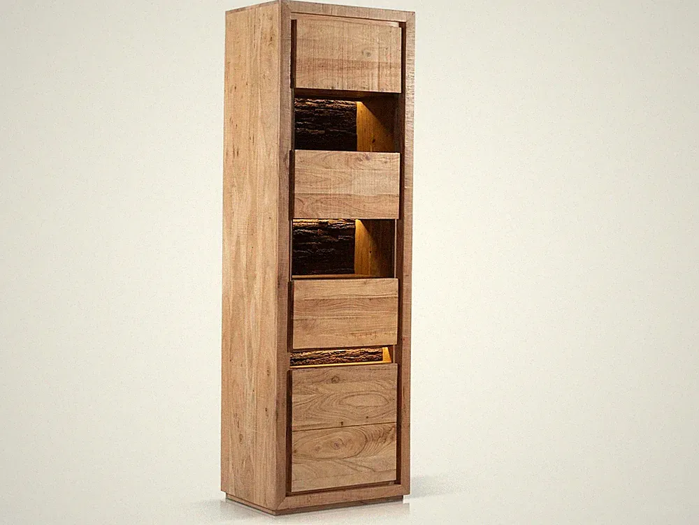 Vitrine Schrank Highboard rustikal BATTURO I Massivholz Akazie Holzrinde LEDs Re