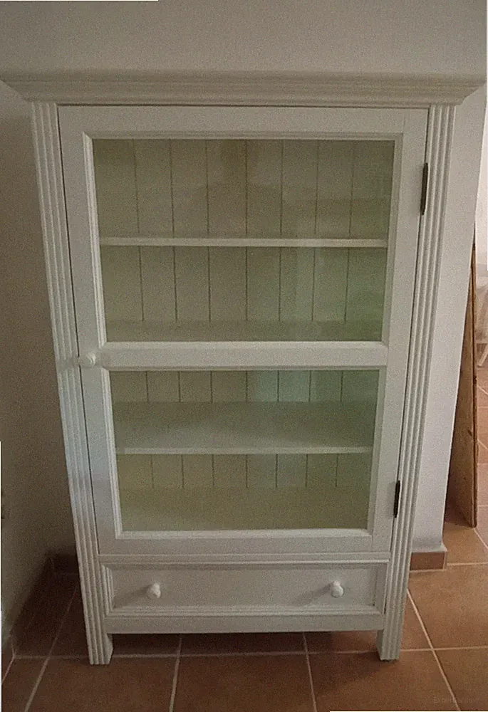 Vitrine Schrank Holz Weiß Glas 1 Glastür 3 Regalböden 1 Schublade freistehend