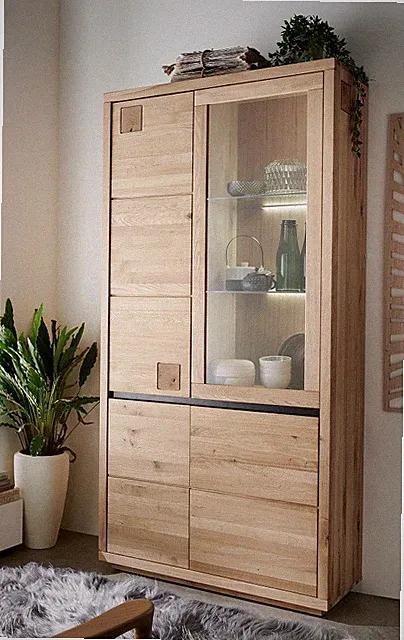 Vitrine Schrank Massivholz 103x205cm Wildeiche Eiche geölt / schwarz NEU OVP!!