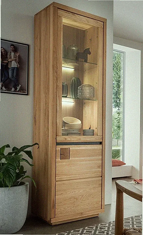 Vitrine Schrank Massivholz 65x205cm Wildeiche Eiche geölt / schwarz NEU OVP!!