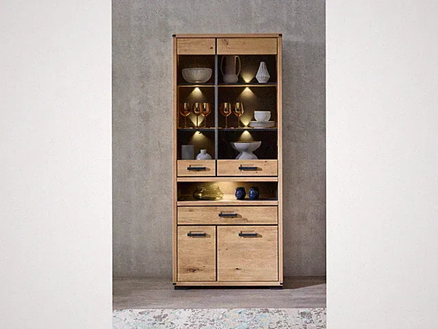 Vitrine Schrank Wohnzimmerschrank GOJA II LEDs Artisan Wildeiche teilmassiv grau