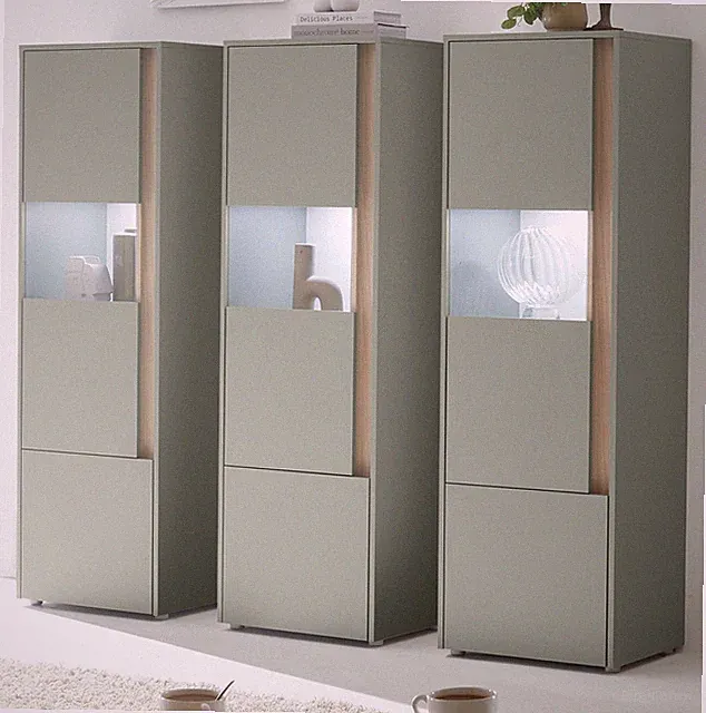 Vitrine Set 3x Vitrinenschrank Salbei Eiche je 50 x 155 cm Schrank-Set Center