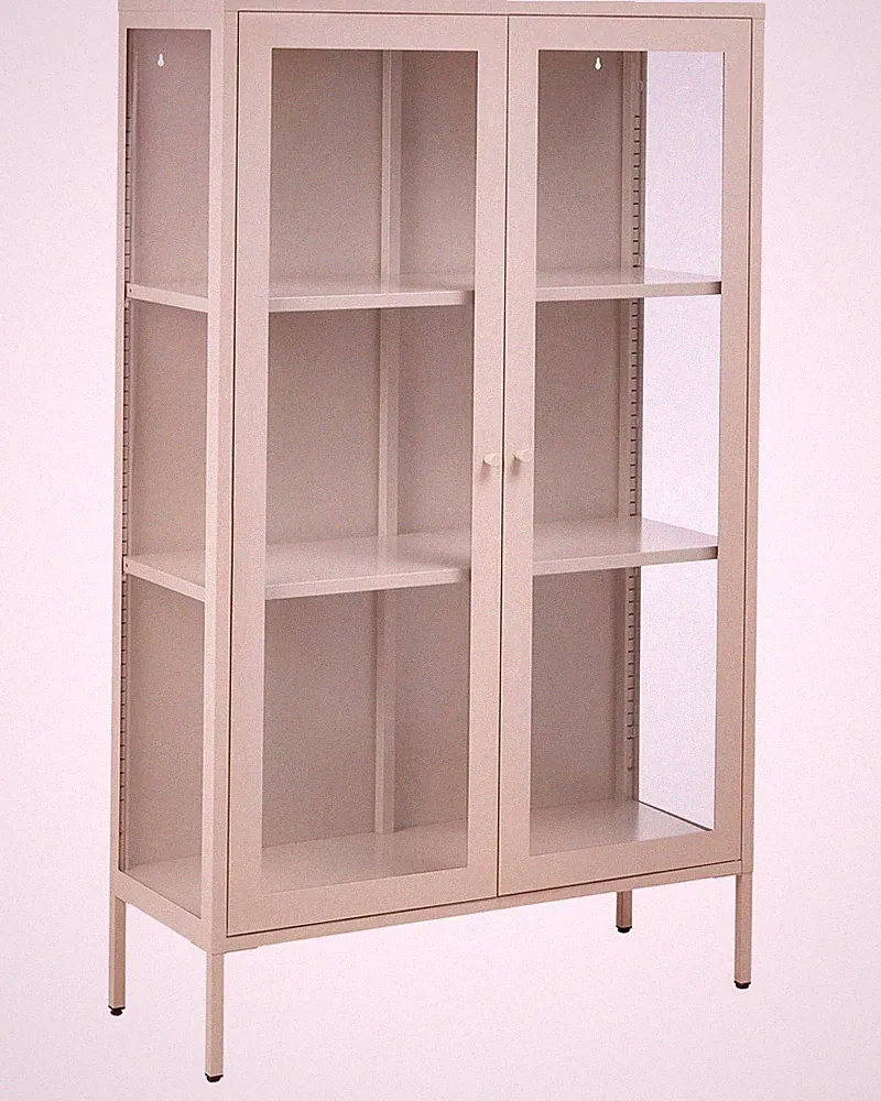 Vitrine Stahl beige mit 2 Glastüren Metallschrank Industrie-Design Nash