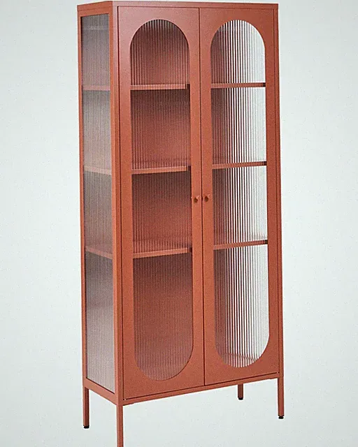Vitrine Stahl goldbraun mit 2 Glastüren geriffelt Hochschrank 181 cm hoch modern