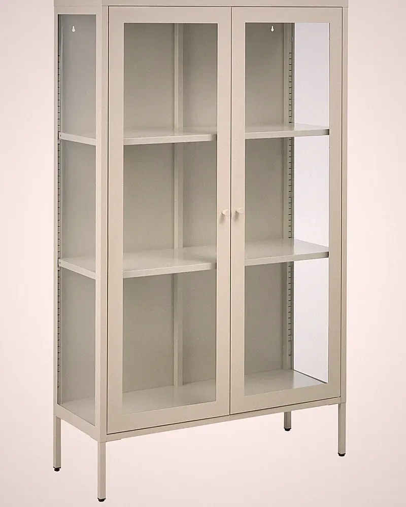 Vitrine Stahl hellbeige mit 2 Glastüren Metallschrank Industrie-Design Nash