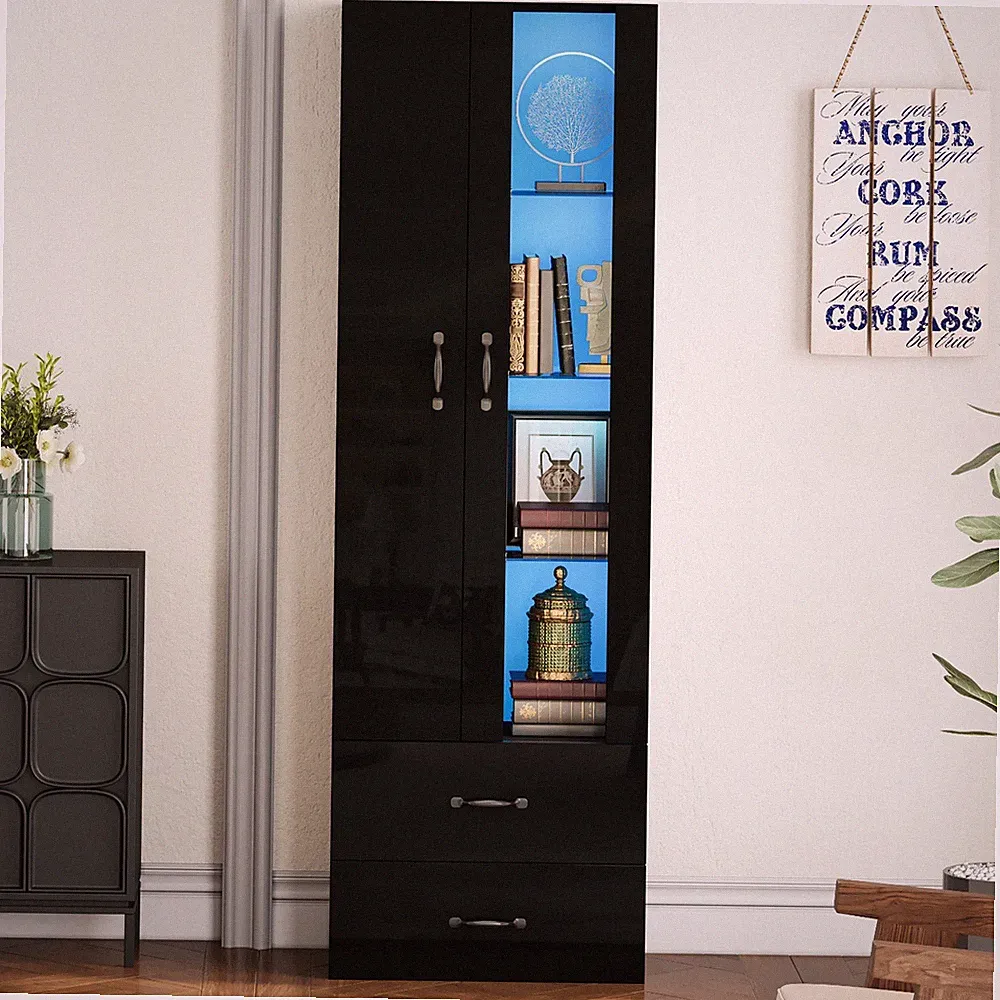 Vitrine Standvitrine Highboard mit Glasregal Acryltür LED-beleuchtete App Contro