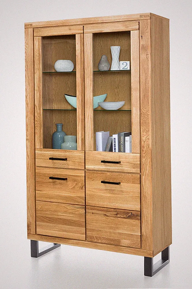 Vitrine Tina in Wildeiche geölt Teilmassiv Breite 110cm Höhe 200cm Schrank Regal