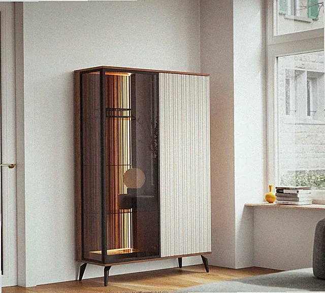 Vitrine VICI WT-103 Vitrinenschrank mit LED Kaschmir/Walnuss Metallfüße
