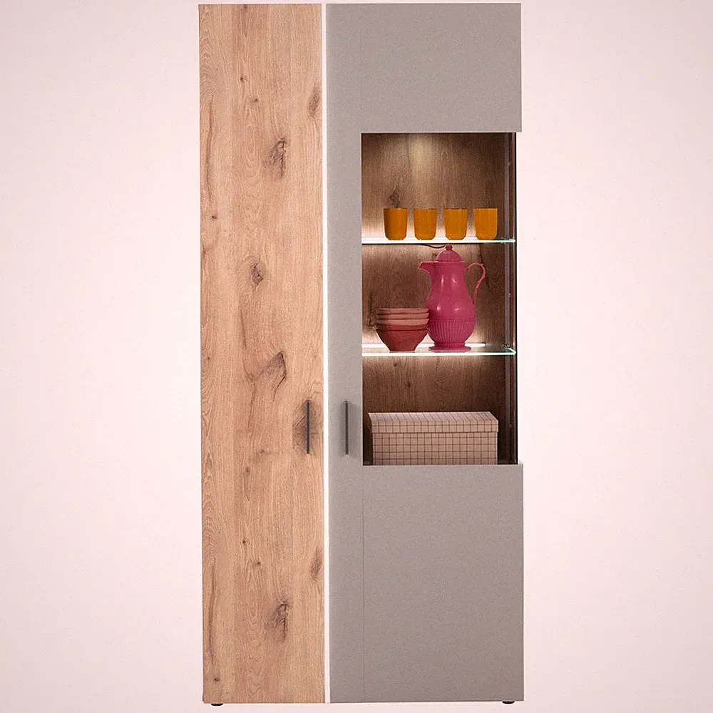 Vitrine Vitrinenschrank 2 Türen Soft-Close Hellgrau Nox Eiche Dekor 91 x 200 cm