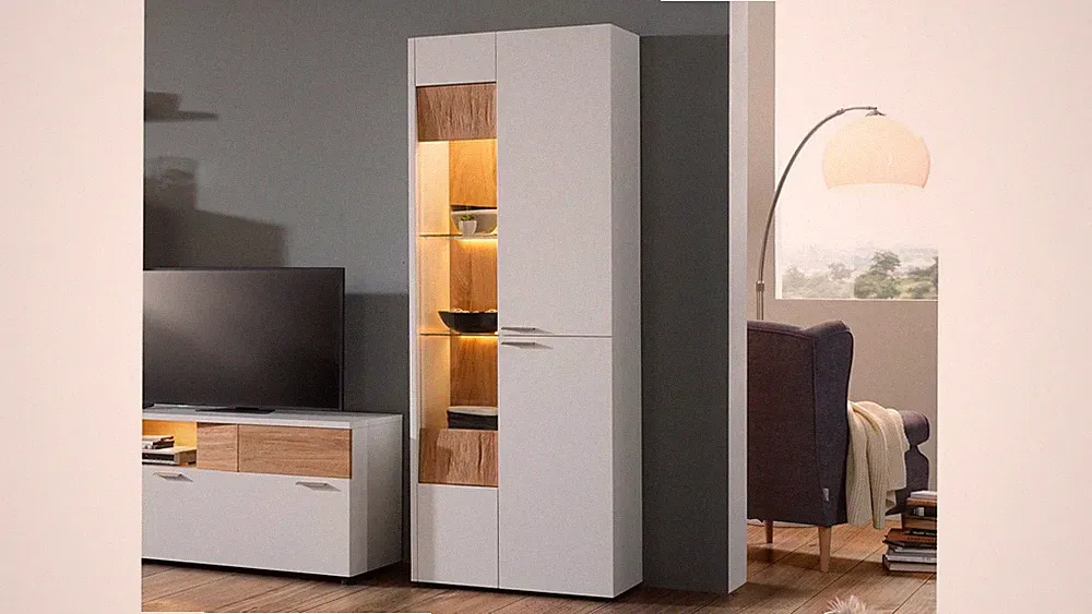 Vitrine Vitrinenschrank Oslo weiß matt lackiert und Asteiche hell Massivholz