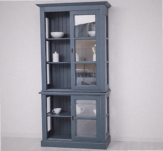 Vitrine Vitrinenschrank Schrank mit Schiebetüren 3 Seiten Glas Landhaus Blau