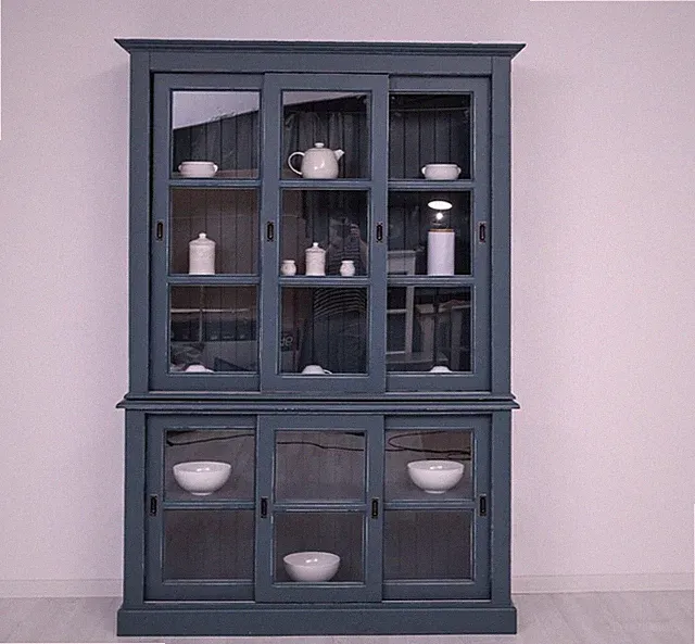 Vitrine Vitrinenschrank Schrank mit Schiebetüren Landhaus Stil Blau