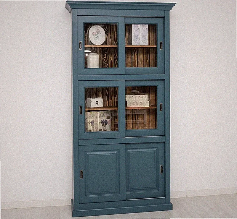 Vitrine Vitrinenschrank Schrank mit Schiebetüren Landhaus Stil Petrol Holz
