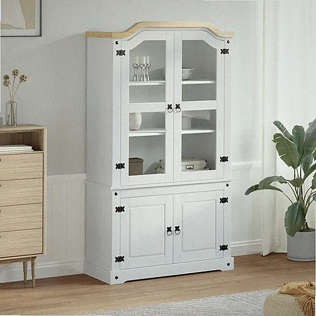 Vitrine Vitrinenschrank Schrank Weiß 103,5x42x180 cm Massivholz Kiefer Wohnzimme