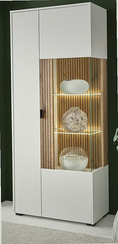 Vitrine Vitrinenschrank weiß matt Eiche Schrank mit Soft-Close 75x180 cm Merced